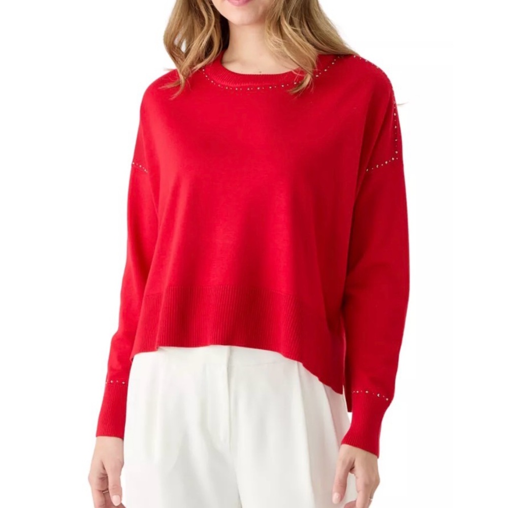 DKNY Women's Crew Neck Stud Trim Split Hem Sweater
rhinestone embellishment